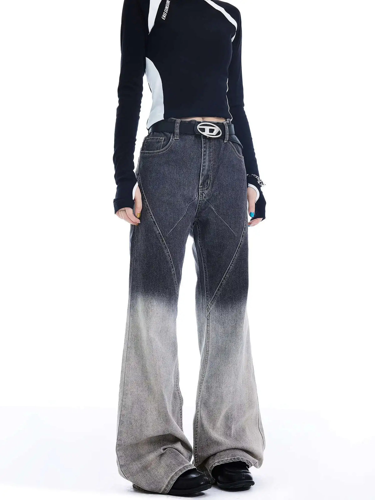 Gradient Color Patchwork Bootcut Denim Jeans