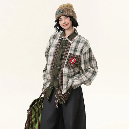 Checkered Patchwork Long Sleeve Shirt