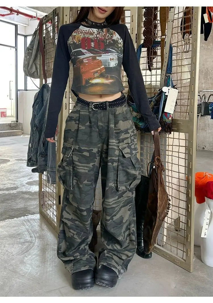 Vintage Washed Camouflage Print Wide Jeans