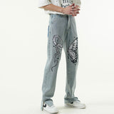 Butterfly Snake Embroidery Straight Denim Pants