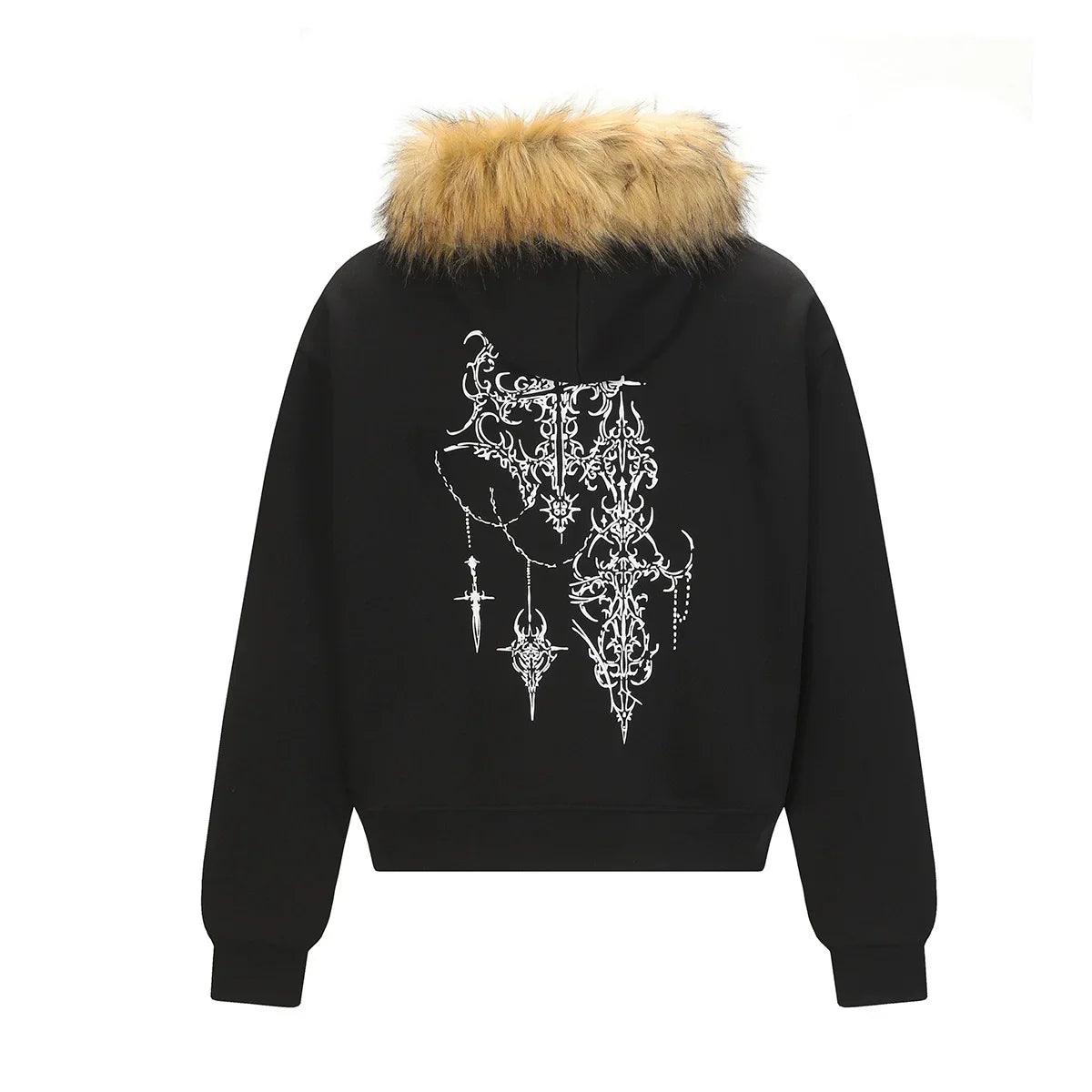 Y2K Retro Graffiti Zip-Up Fur-Collar Hooded Sweatshirt