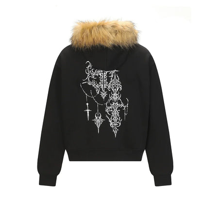 Y2K Retro Graffiti Zip-Up Fur-Collar Hooded Sweatshirt