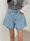 Denim Sky Blue Heart Embroidery Shorts