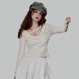 White Lace Pleated Round Neck T-Shirt