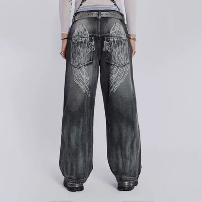 Vintage Wing Pattern Baggy Wide Leg Jeans