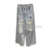 Women Retro Chic Lace Baggy Jeans