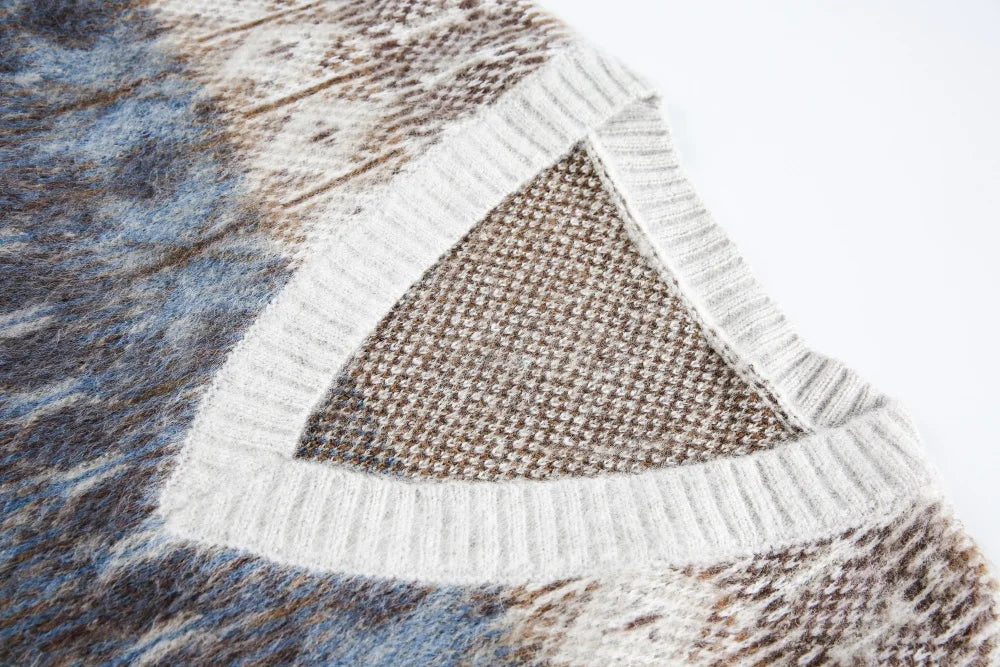 Jacquard Mohair Knitted V-Neck Sleevless Sweater