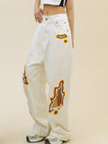 Womens Retro Flame Loose Ripped Jeans