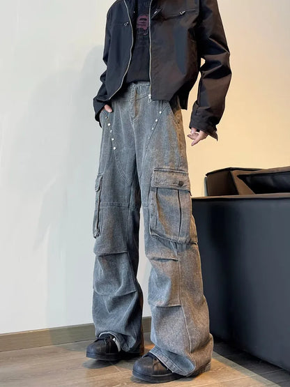 Y2K Streetwear Vintage Cyber Gray Pleated Baggy Jeans