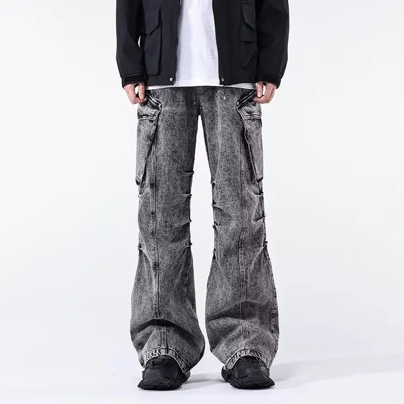 Minimal Look Gray Pleated Cargo Jeans