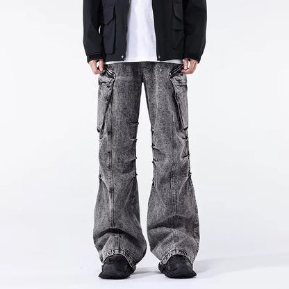 Minimal Look Gray Pleated Cargo Jeans