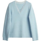 Elegant French Lace V-Neck Collar Knit Sweater