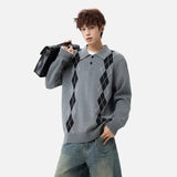 Y2K Diamond Pattern Polo Neck Knitted Sweater