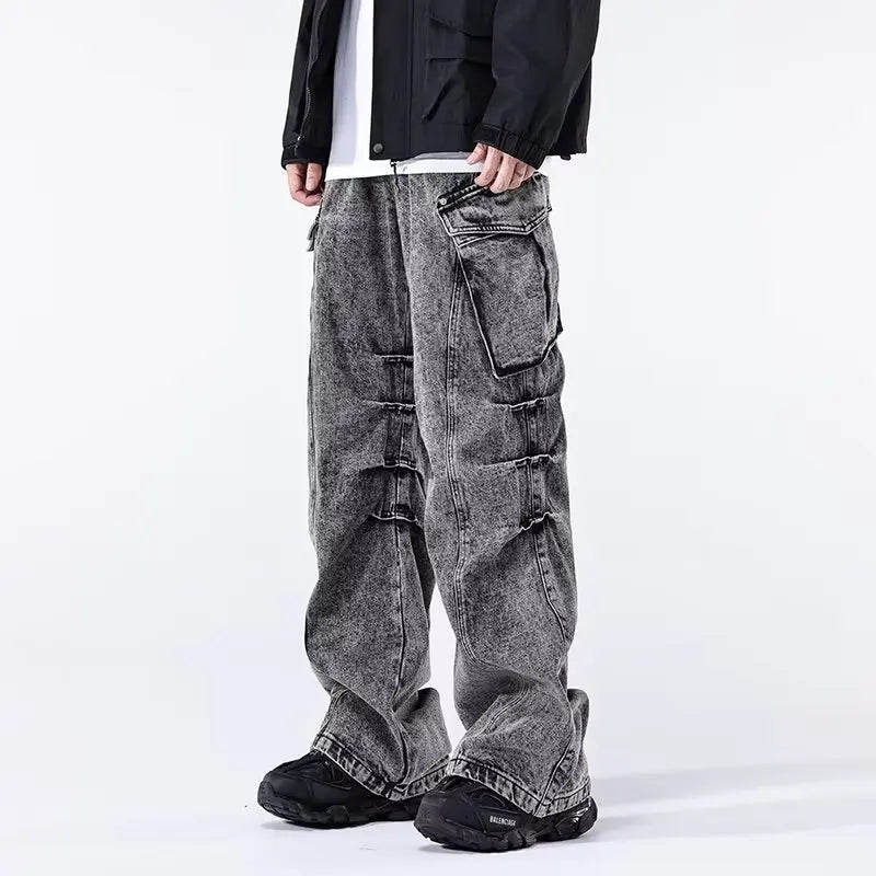 Minimal Look Gray Pleated Cargo Jeans