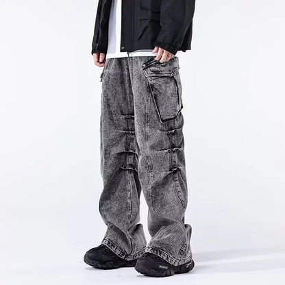 Minimal Look Gray Pleated Cargo Jeans