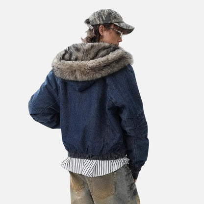 Y2K Quilted Retro Denim Fur Hooded Jacket