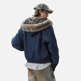 Y2K Quilted Retro Denim Fur Hooded Jacket