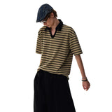 Classic Retro Stylish Color Block Polo Neck T-Shirt