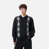 Y2K Diamond Pattern Polo Neck Knitted Sweater