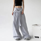 Women Vintage Korean Striped Lace-Up Pants