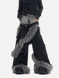 Luxury Double Waisted Fur Patchwork Ripped Denim Jeans