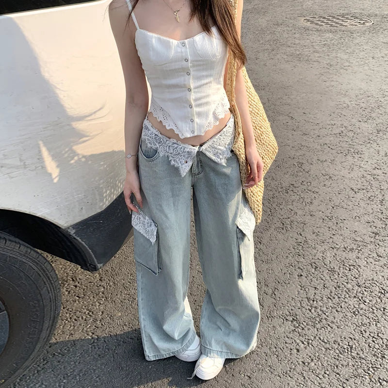 Plush Vintage Lace Trim Cargo Jeans