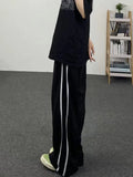 Women Vintage Striped High Waist Black Casual Pants