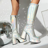 Gothic Metallic Chunky High Heel Leather Boots