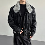 Niche Design Diamonds Fur Collar PU Leather Jacket