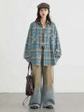 Women Vintage Plaid Oversize Long Sleeve Shirt