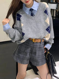 Women Vintage Argyle Gray Oversized Sweater