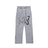 Butterfly Snake Embroidery Straight Denim Pants