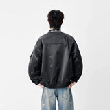 Warm Contrast Plaid Collar Button Up Leather Jacket