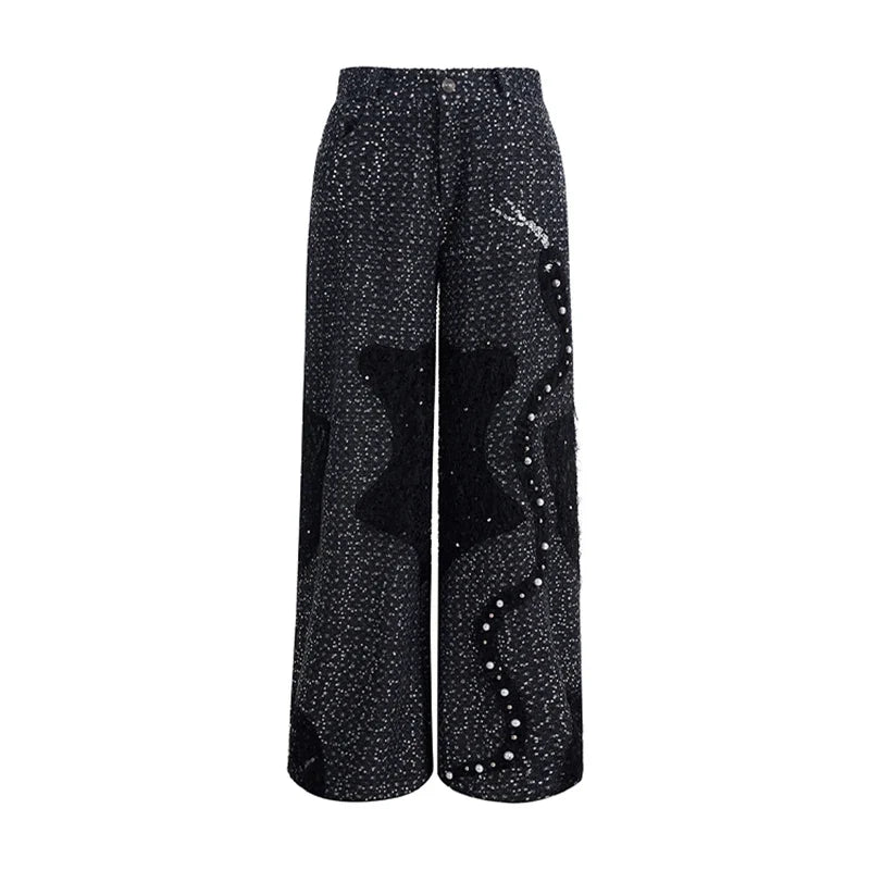 Pearl Patchwork Sequins Denim Jeans