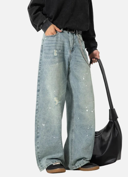 Japanese Style Washed Splatter Relaxed Fit Jeans