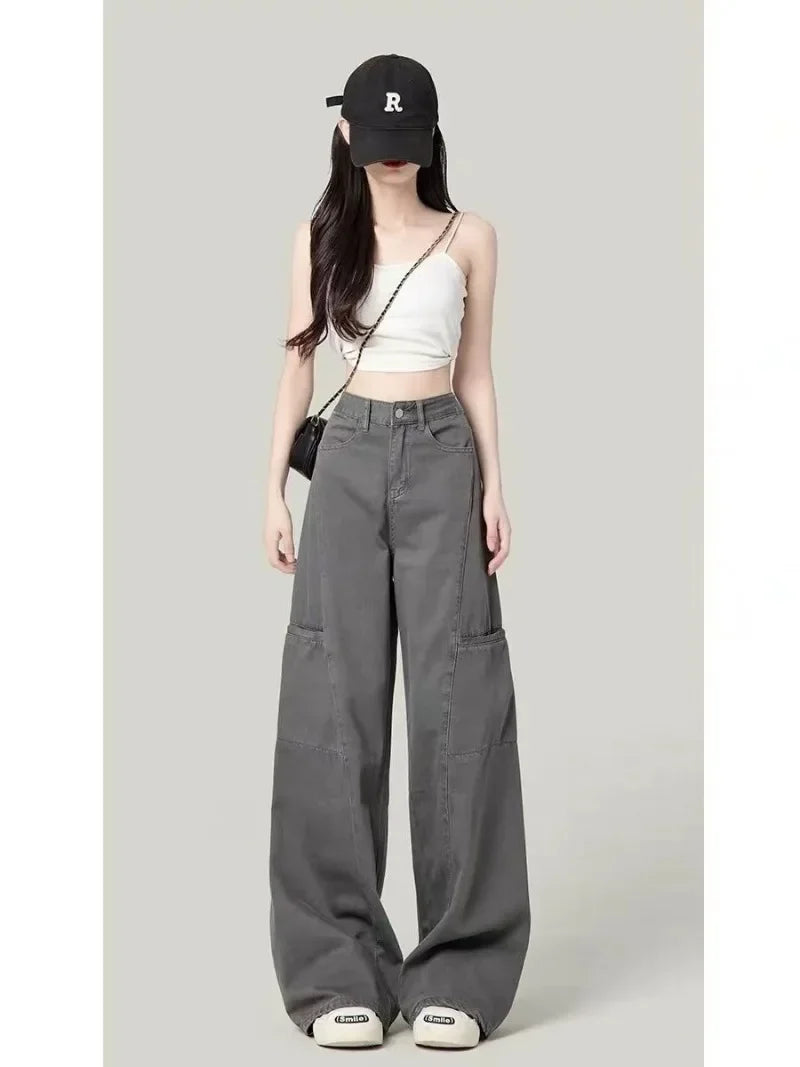 Easy Move High Waist Loose Gray Cargo Pants
