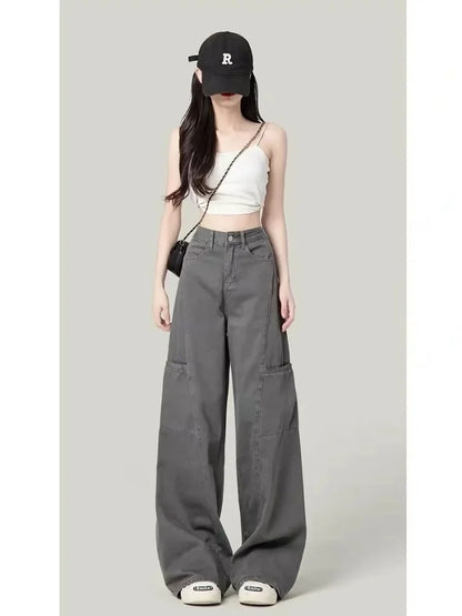 Easy Move High Waist Loose Gray Cargo Pants