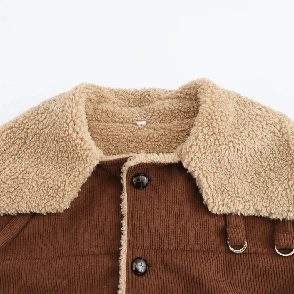 Women Solid Spliced Button Fur Jacket