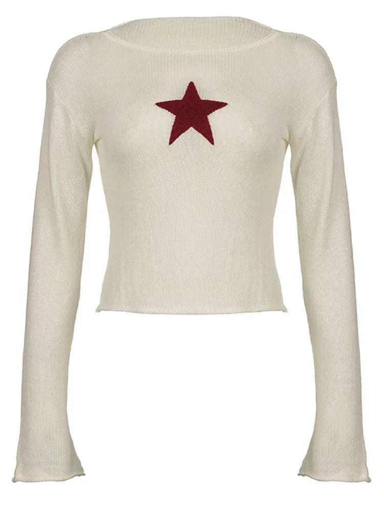 Y2K Streetwear Star Pattern Knitted Crew Neck Sweater