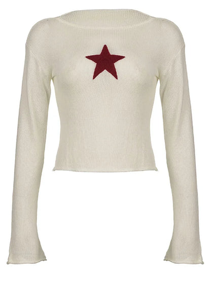 Y2K Streetwear Star Pattern Knitted Crew Neck Sweater
