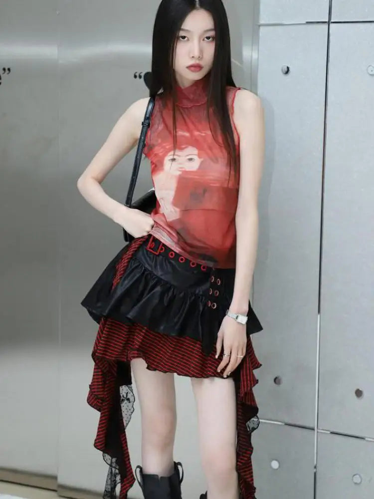 Bold Red Mesh Graphic Tank T-Shirt