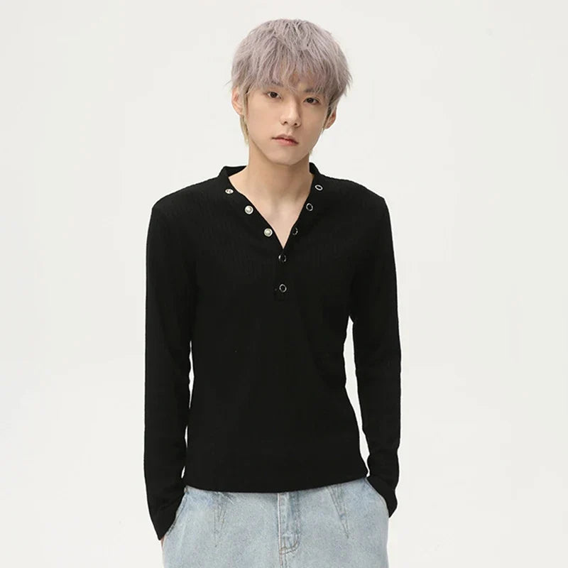 V-neck Knitting Button Long Sleeved T-shirts
