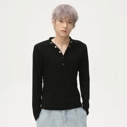 V-neck Knitting Button Long Sleeved T-shirts