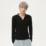 V-neck Knitting Button Long Sleeved T-shirts