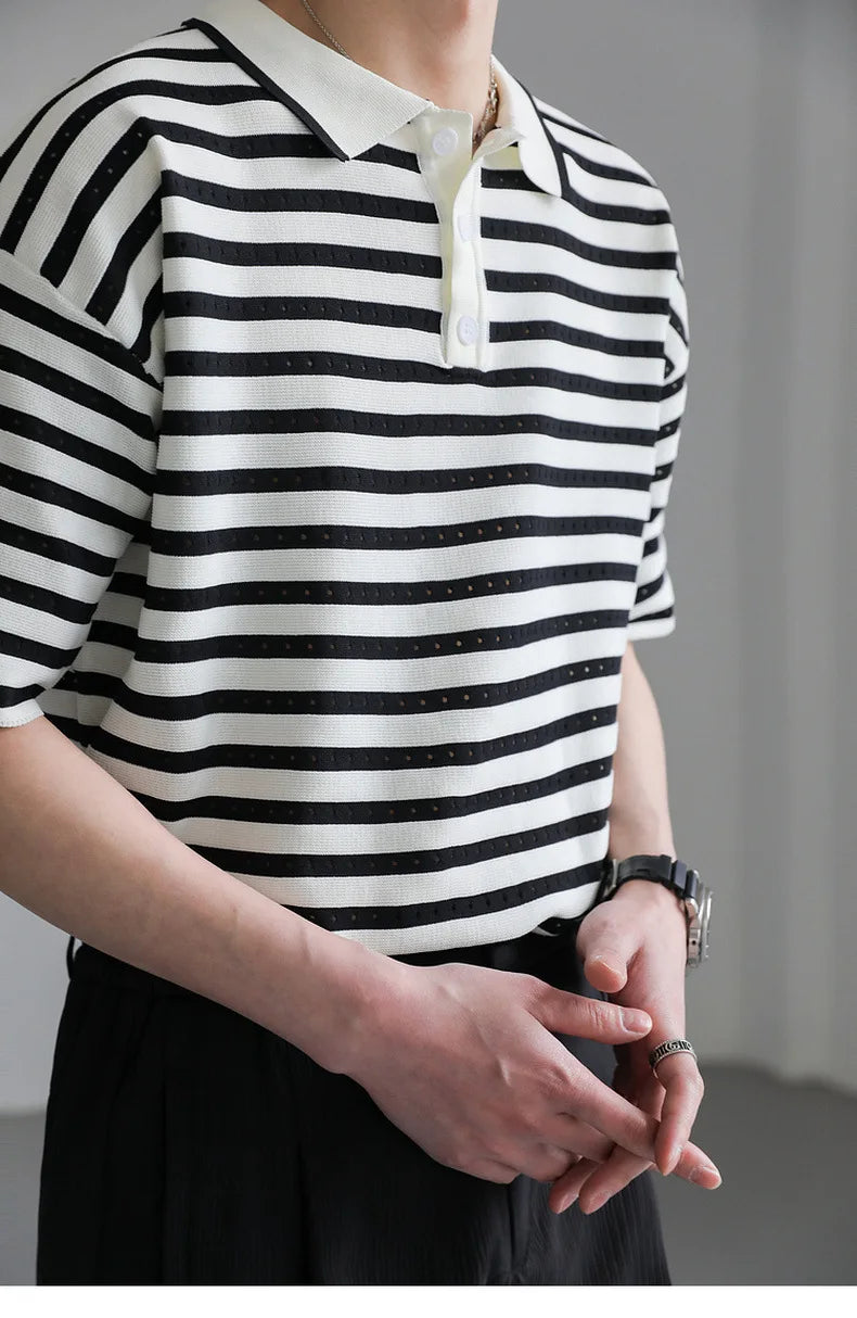Classic Luxury Striped Polo Button Down T-Shirt