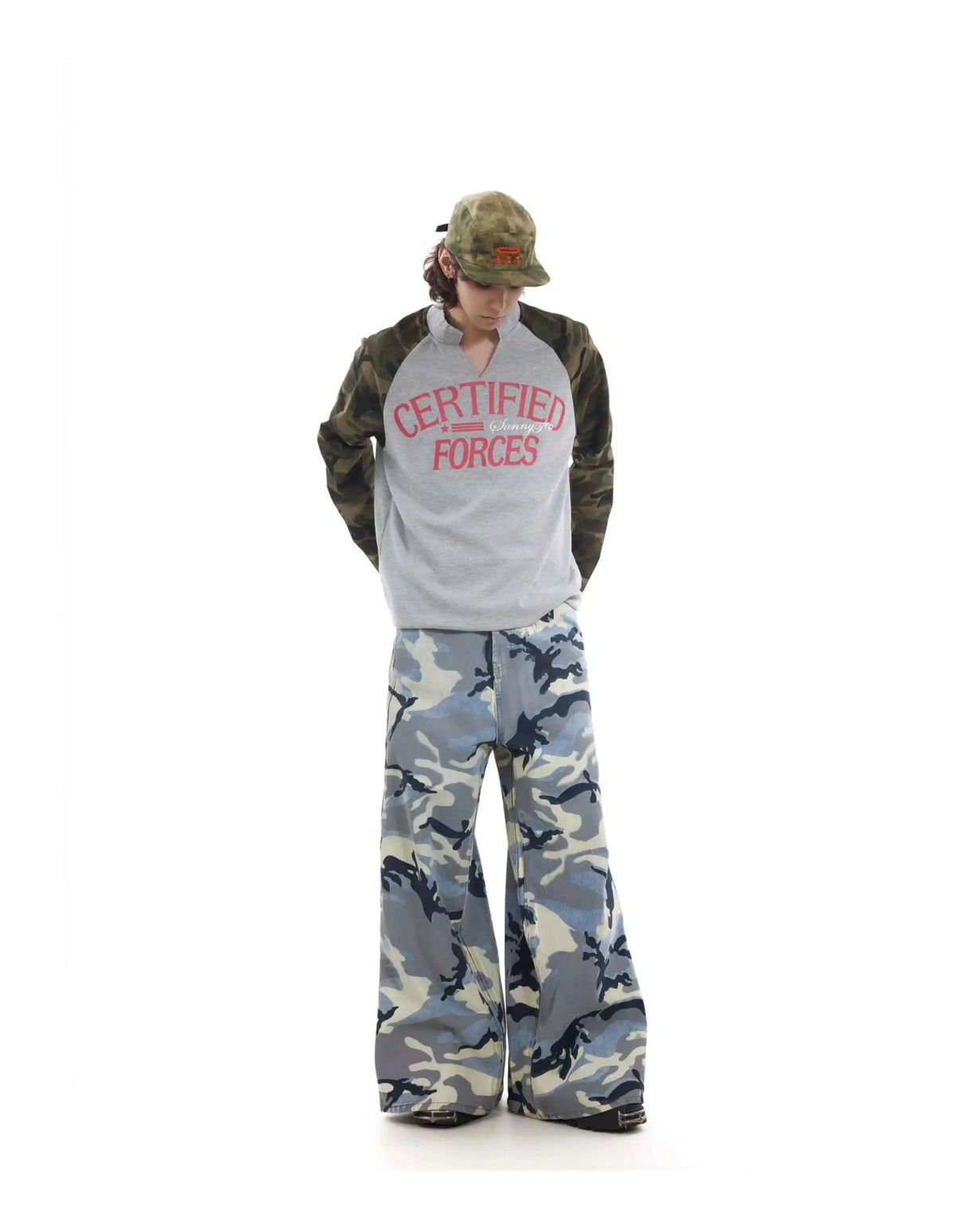 Vintage Camo Henley Collar Long T-Shirt