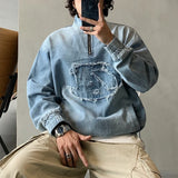 Vintage Distressed Denim Half Zipper Sweatshirt