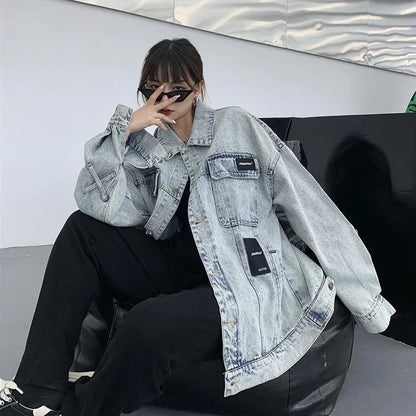 Retro American Style Letter Print Denim Jacket