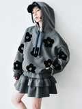 Autumn Gray Floral Patch Casual Hoodie