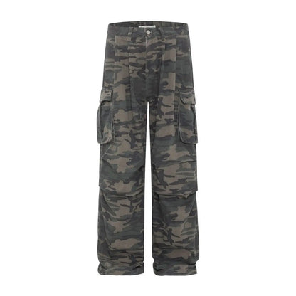 Vintage Washed Camouflage Print Wide Jeans